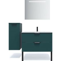 Homifab - Meuble de salle de bain suspendu vasque intégrée 90cm 2 tiroirs Bleu + miroir + colonne ouverture gauche - Soho