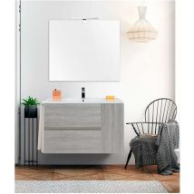 Meuble de salle de bain suspendus heimdall avec plan vasque et miroir. Avec porte-serviettes en cadeau différentes coleurs et tailles en Chêne Smoky