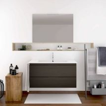 Meuble de salle de bain suspendus loki avec plan vasque et miroir. Avec porte-serviettes en cadeau différentes coleurs et tailles en Chêne sinatra
