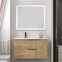 Cosyneo - Meuble de salle de bain vasque déportée - roble (chêne clair) - king et miroir Led veldi - 80cm