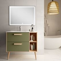 Cosyneo - Meuble de salle de bain vasque déportée - 2 tiroirs - vert olive - malia et miroir Led veldi - 80cm
