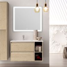 Cosyneo - Meuble de salle de bain vasque déportée 2 tiroirs cambrian (chêne clair) - olympe et miroir Led veldi - 80cm