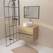 Aurlane - Meuble de salle de bains 70 cm timber Décor Chêne 2 tiroirs Vasque blanche sur plan et Miroir 70x50