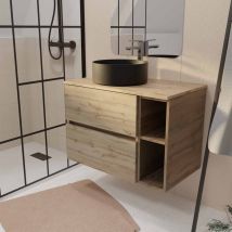 Aurlane - Meuble de salle de bains 80cm timber Décor Chêne 2 Tiroirs et Module - Plan et Vasque Noire