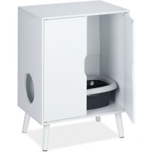 Meuble de toilette pour chat, 2 portes, cache-litière, entrée, petite armoire, HxLxP : 77x58x40 cm, blanc - Relaxdays