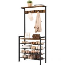 Coat Stand, Coat Rack with Shoe Storage, Industrial Hall Tree, Large Hall Stand, 5 Removable Hooks, Wood Accent Top Shelf, Entryway Storage Shelf,
