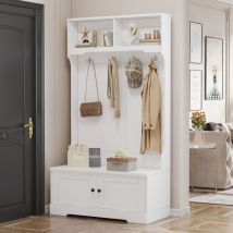 Meuble d'entrée blanc avec espace de rangement en bas d'assise avec 4 crochets pour accrocher et 2 compartiments en haut pour rangement ouvert
