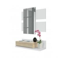 Abitare - Meuble d'entrée suspendu 75x29x20 cm blanc mat et chêne canadien avec miroir et tiroir - Bari