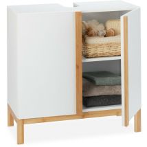 Relaxdays - Meuble Dessous de Lavabo, Bambou, Meuble Sous Vasque, Evier salle de bains, HxLxP 61 x 60 x 30cm, blanc/nature