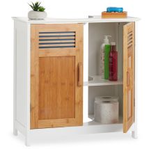 Relaxdays - Meuble Dessous Lavabo, Portes Bambou, Tablette Réglable Hauteur, Encoche Siphon, 60x60x30 cm, nature/blanc