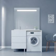 Cuisibane - Meuble lave-linge kora avec plan vasque déportée + Miroir Elégance- Blanc- Vasque à gauche