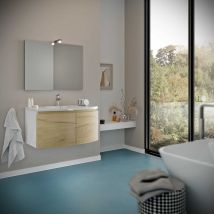 Meuble Lavabo De Salle De Bain Arrondi 80Cm Avec Structure En Blanc Et Portes En Chêne Miel Garda