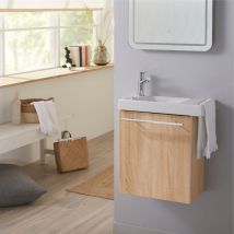 Planetebain - Meuble Lave-mains couleur chêne Oak bordolino + Lave-mains + Mitigeur eau chaude-eau froide