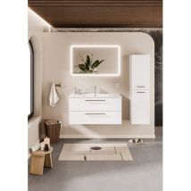 Sanitaire – Meuble double vasque blanc brillant 100 cm – Vasque céramique centrée – Miroir antibuée LED