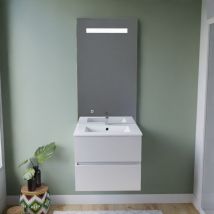 Meuble vasque tout inox rosinox 60 cm + miroir Elégance ht105- Blanc- Plan vasque en Céramique