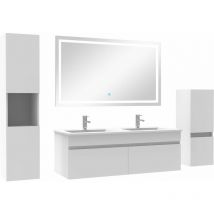 Acezanble meuble Salle de Bain 120cm double vasque + colonne + miroir LED Blanc