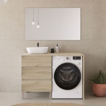 Cosyneo - Meuble lave linge 124cm avec plateau et vasque arrondie - 3 tiroirs - nebraska (chêne clair) - santa