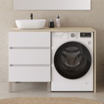 Cosyneo - Meuble lave linge 124cm avec plateau nebraska et vasque arrondie - sans miroir - 3 tiroirs - blanc/nebraska (chêne clair) - santa