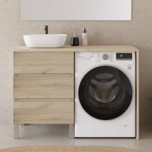 Cosyneo - Meuble lave linge 124cm avec plateau et vasque arrondie - sans miroir - 3 tiroirs - nebraska (chêne clair) - santa
