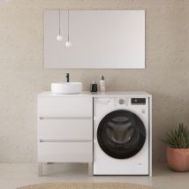Cosyneo - Meuble lave linge 124cm avec plateau et vasque ronde - 3 tiroirs - blanc - cruz