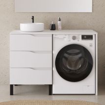 Cosyneo - Meuble lave linge 124cm avec plateau et vasque ronde - sans miroir - 3 tiroirs - blanc - santa