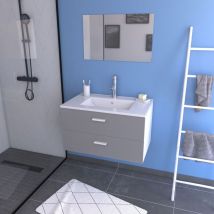 Aurlane - Meuble salle de bain 80 cm suspendu 2 tiroirs Gris avec vasque et miroir - box-in