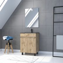 Aurlane - Meuble salle de bain 60x80 - Finition chene naturel + vasque noire + miroir Led - timber 60 - Pack19