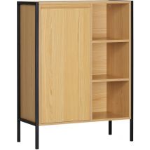 Kleankin - Meuble salle de bain - porte, étagère, 3 niches - dim. 60L x 28l x 80H cm - châssis acier noir panneaux aspect bois clair