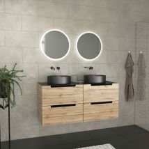 Aurlane - Meuble salle de bains 120cm Chene et noir, Vasques rondes Diam 36cm et Miroirs Led Diam 50cm - omega