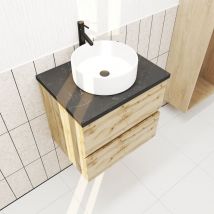 Aurlane - Meuble salle de bains 60cm Chêne Naturel 2 Tiroirs - Plan Effet Marbre Noir + Vasque Ronde Blanche