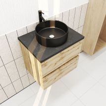 Aurlane - Meuble salle de bains 60cm Chêne Naturel 2 Tiroirs - Plan Effet Marbre Noir + Vasque Ronde Noire