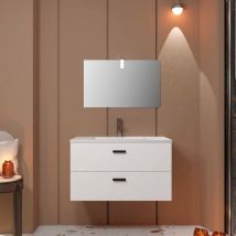 Aurlane - Meuble salle de bains 80 cm 2 Tiroirs Blanc avec Vasque blanche, miroir et applique Led - box led