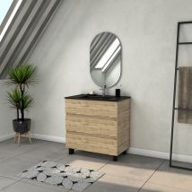 Aurlane - Meuble Salle de Bains 80cm 3 Tiroirs Chêne Naturel + Vasque Noire et Miroir Ovale