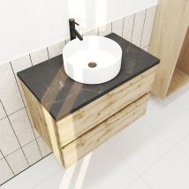 Aurlane - Meuble salle de bains 80cm Chêne Naturel 2 Tiroirs - Plan Effet Marbre Noir + Vasque Ronde Blanche