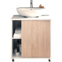 Pegane - Meuble sous lavabo 1 porte coloris Blanc brillant / effet bois - Hauteur 64 x Longueur 59 x Profondeur 45 cm