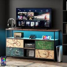 Meuble TV 108 cm, avec 4 tiroirs de rangement, étagères, cadre en métal, rectangulaire, industriel vintage, meuble salon en bois - Multicouleur