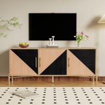 Meuble tv 123 cm, avec trois portes d'armoire, cloisons internes réglables, grain de bois marron et noir, poignées et pieds dorés, adapté au salon et