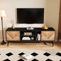 Hauss Spole - Meuble tv - 150x35x55cm, 2 portes, multiples rangements, noir + naturel