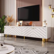 Meuble TV 170 cm, avec 4 portes de rangement, lignes obliques gravées, pieds en métal, rectangulaire, scandinave, meuble salon en bois - Blanc