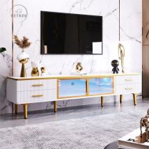Retrok - Meuble tv 170x37x47,5cm, aspect marbre, avec 4 tiroirs structurés avec poignées dorées et 2 portes en verre trempé marron, Blanc + Doré