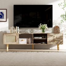 Meuble tv 172 cm, avec 2 tiroirs, portes en rotin, compartiment, portes coulissantes en verre, rectangulaire, meuble salon en bois - Marron