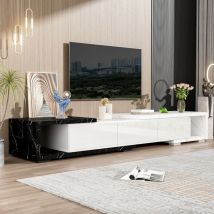 Meuble tv 179.5 cm, rectangulaire, avec longueur réglable, 3 portes de rangement, compartiments ouverts, effet marbre pvc, Meuble de salon en bois