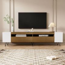 Meuble TV 180 cm, avec 2 portes, compartiments ouverts, pieds en fer noir, aspect bois, meuble tele, pour salon et chambre - Blanc