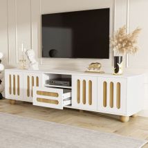 Wishdor - Meuble tv 180 cm, meuble tv blanc et bois avec 4 portes, 1 tiroir et éclairage led, pieds sphériques