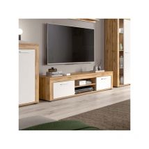 TMM - Meuble tv 2 abattants 2 niches Blanc/Bois - maj - Dimensions : l 160 x l 37 x h 40 cm
