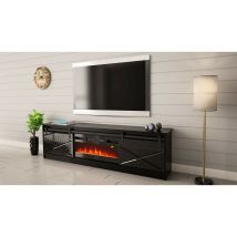 Meuble TV 200x57x35 cm Noir brillant GRANGE Avec Cheminée chauffante intégrée meuble Hi-fi à poser