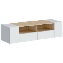 TV-Ständer Topeka, Wohnzimmer TV-Sideboard, Moderner Fernsehständer, Niedriges Mehrzweck-Sideboard, cm 138x42h36, Weiß und Eiche