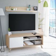 Meuble tv avec porte, 2 compartiments et étagère, Buffet moderne, Buffet design, Buffet de salon moderne, 135x40h50 cm, Couleur chêne