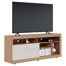 Beaux Meubles Pas Chers - Meuble tv 65 Pouces Chêne et Blanc 2 Portes 6 Niches Roulettes l 160 h 68 p 37.4 cm