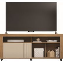 Meuble TV 65 Pouces Chêne Blanc 6 Niches Roulettes L 160 H 70 P 33.6 cm